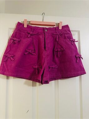 Peach Love California Magenta Corduroy High-Waist Shorts with Bows